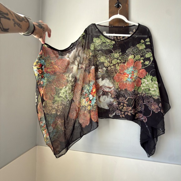 Unbranded Sweaters - Boho Sheer Chiffon Poncho Top Womens One Size Black Floral Paisley Draped Blouse